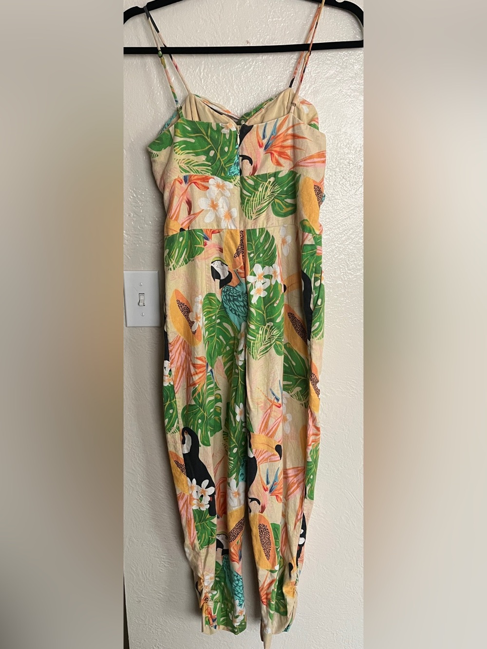 FARM Rio Cream Tropical Toucan Print Strap Jumpsuit with Green & Orange Accents - Picture 3 of 3